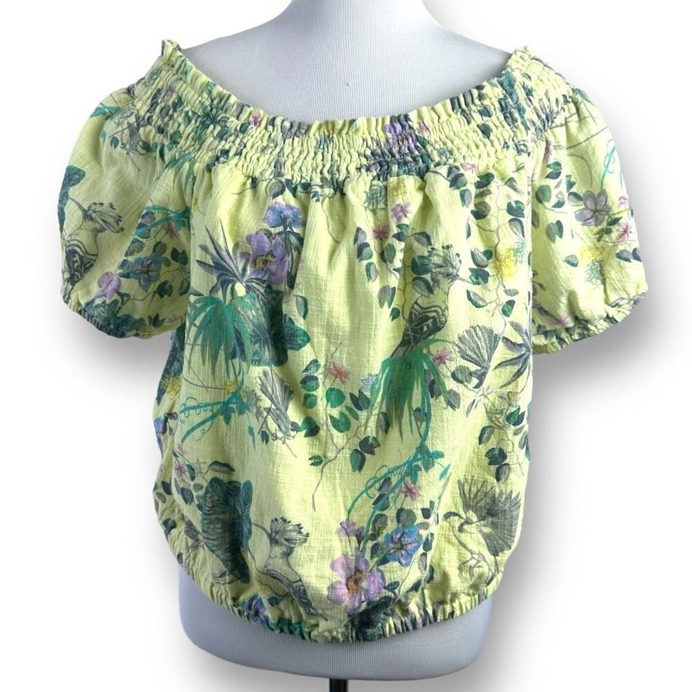 INC Women's 1X Short Sleeve Smocked Blouse Pastel Yellow‎ Tropical Floral Summer